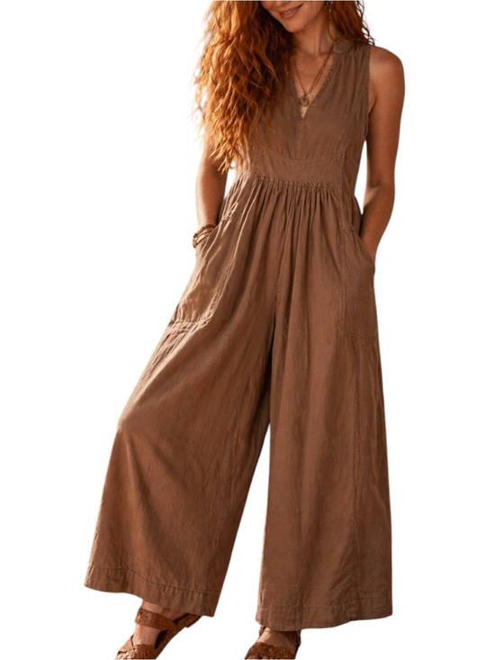 Free People Pants - Free People Wide Leg Jumpsuit Romper Brown Boho Sleeveless Pockets Flowy Large